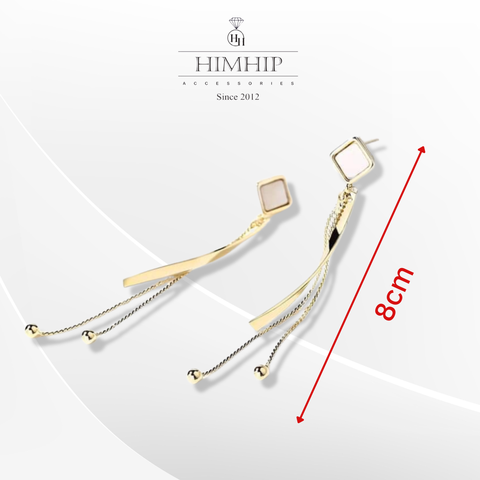 Khuyên Tai Dài HimHip Mặt Hình Thoi Phối Tua Rua Trẻ Trung HKCC 8cm