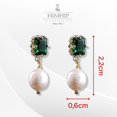 Khuyên Tai Ngắn HimHip Mặt Vuông Xanh Sang Trọng HKCC Mix Ngọc Trai Thật 0.6x2.2cm