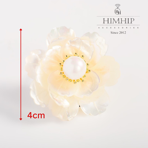 Trâm, Ghim Cài Áo HimHip Hoa Trắng Khảm Trai Sang Trọng HKCC Mix Trai 4cm