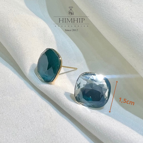 Khuyên Tai Nụ HimHip Mặt Vuông Màu Ngọc Bích Sang Trọng HKCC 1.5x1.5cm
