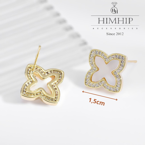 Khuyên Tai Nụ HimHip Cỏ 4 Lá May Mắn HKCC Đính Phale, Khảm Trai 1.5x1.5cm