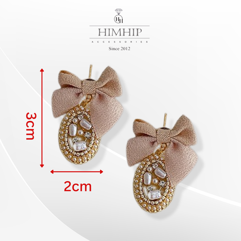 Khuyên Tai Ngắn HimHip Mặt Oval Đá Thắt Nơ Sang Trọng HKCC Mix Ngọc Trai 2x3cm