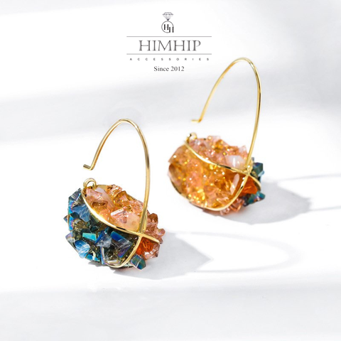 Khuyên Tai Ngắn HimHip Giỏ Đá Nhiều Màu Thanh Lịch HKCC Đính Đá 1.5x2.2x3cm