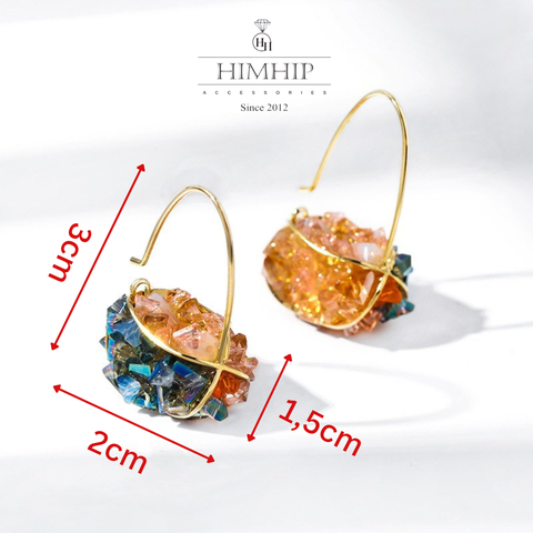 Khuyên Tai Ngắn HimHip Giỏ Đá Nhiều Màu Thanh Lịch HKCC Đính Đá 1.5x2.2x3cm