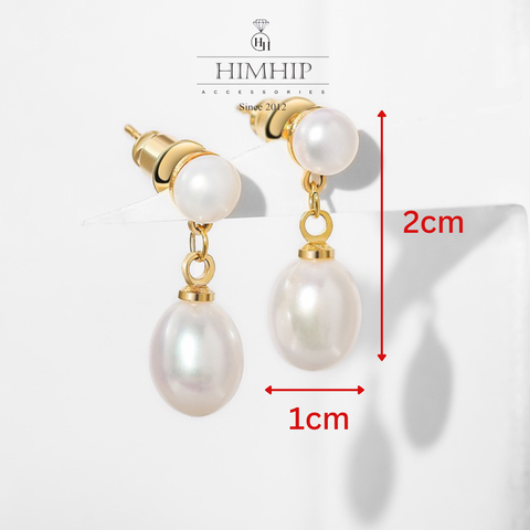 Khuyên Tai Ngắn HimHip Dáng Thả Sang Trọng HKCC Mix Ngọc Trai Thật 1x2cm