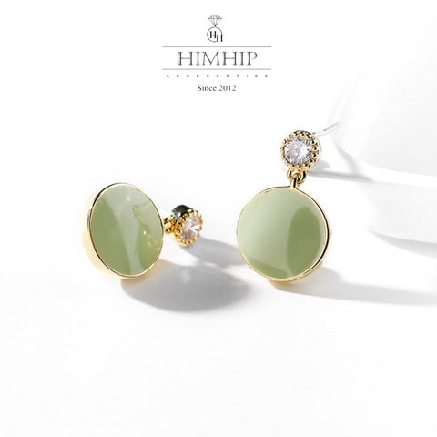 Khuyên Tai Ngắn HimHip Mặt Ngọc Trà Xanh Thanh Lịch HKCC Đính Phale 1x1.7cm