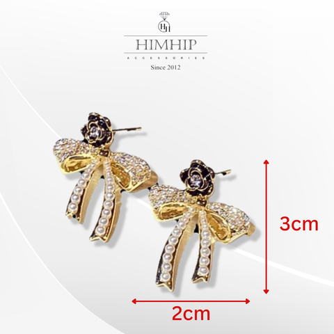 Khuyên Tai Ngắn HimHip Nụ Hoa Hồng Thả Nơ Thanh Lịch HKCC Đính Phale, Ngọc Trai 2x3cm
