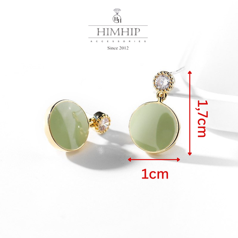 Khuyên Tai Ngắn HimHip Mặt Ngọc Trà Xanh Thanh Lịch HKCC Đính Phale 1x1.7cm