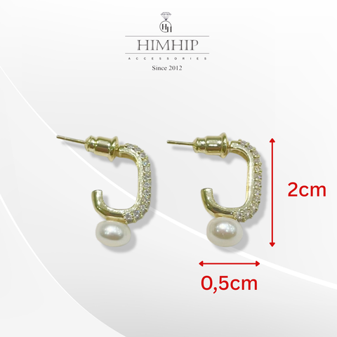 Khuyên Tai Ngắn HimHip Chữ C Sang Trọng HKCC Đính Phale, Ngọc Trai 0.5x2cm