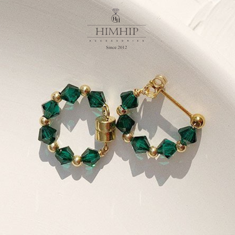 Khuyên Tai Ngắn HimHip Vòng Tròn Xanh Lá Thanh Lịch HKCC Đính Đá 0.4x1.5cm