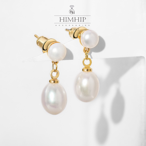 Khuyên Tai Ngắn HimHip Dáng Thả Sang Trọng HKCC Mix Ngọc Trai Thật 1x2cm