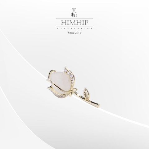 Pin Cài Áo HimHip Bông Hoa Búp Trắng Sang Trọng HKCC Đính Phale 1.5 cm