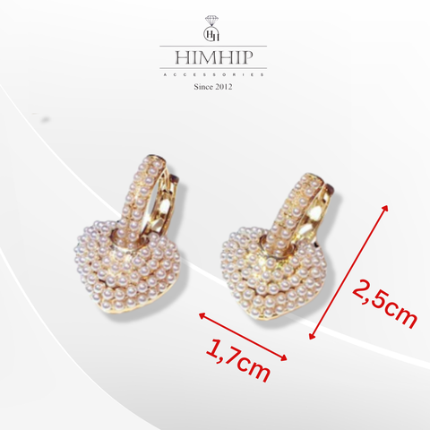 Khuyên Tai Ngắn HimHip Trái Tim Đáng Yêu HKCC Mix Ngọc Trai Nhỏ 1.7x2.5cm