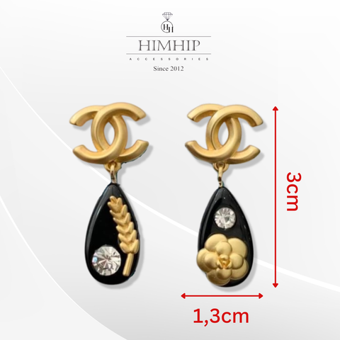 Khuyên tai hợp kim cao cấp cnel giọt nước đen sang trọng 1.3*3cm