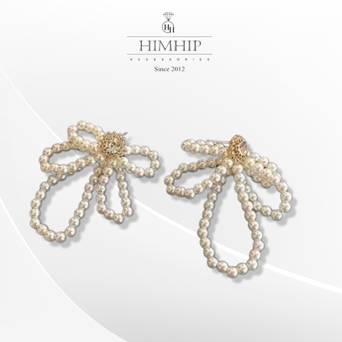 Khuyên Tai Bản To HimHip Hình Nơ Quý Phái HKCC Mix Hạt Giả Trai 4.8cm