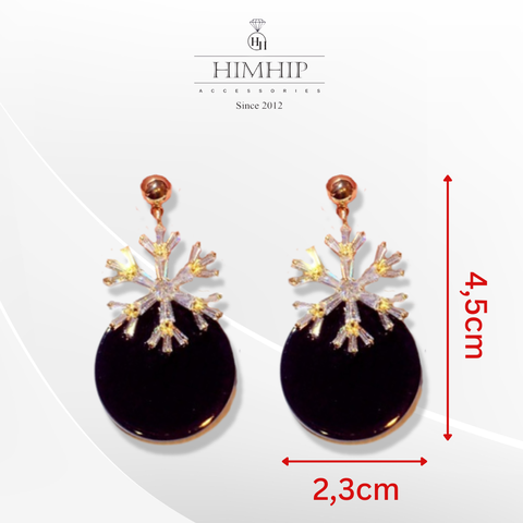 Khuyên Tai Bản To HimHip Mặt Tròn Đen Phối Bông Tuyết Sang Trọng HKCC Đính Phale 2.3x4.5cm