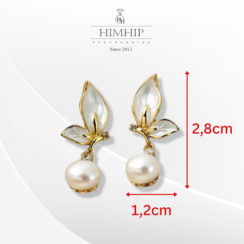 Khuyên Tai Ngắn HimHip Cánh Bướm Sang Trọng HKCC Đính Phale, Ngọc Trai Thật 2.8x1.2cm