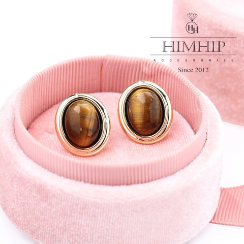 Khuyên Tai Nụ HimHip Mặt Đá Nâu Viền Vàng Sang Trọng HKCC Đính Đá 1.5x1.5cm
