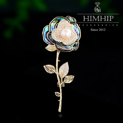 Trâm, Ghim Cài Áo HimHip Hoa Hồng Khảm Trai Quý Phái HKCC Đính Đá Phale 3*7,2cm