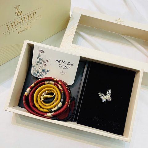 Set Quà HimHip Khăn Lụa Cao Cấp 53*53cm & Cài Áo Kèm Túi Hộp Thiệp - 1139