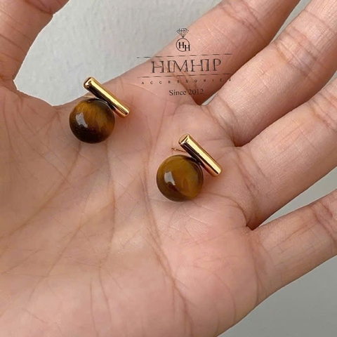 Khuyên Tai Nụ HimHip Thanh Ngang Phối Đá Mắt Mèo 1.4*1.4cm