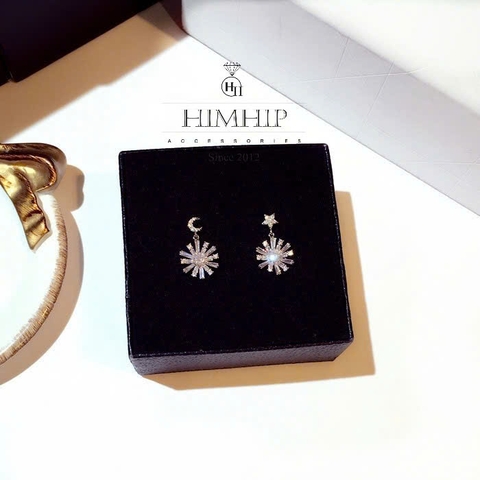 Khuyên Tai Ngắn HimHip Mặt Hoa Cúc Trăng Sao Sang Trọng HKCC Đính Phale 2x1.5cm