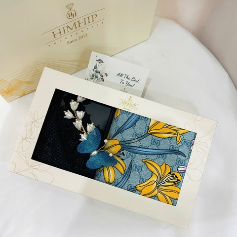 Set Quà Tặng HimHip Khăn Lụa Vuông 90x90cm & Bối Tóc Kèm Túi Hộp Thiệp - 115