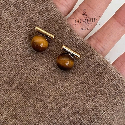 Khuyên Tai Nụ HimHip Thanh Ngang Phối Đá Mắt Mèo 1.4*1.4cm