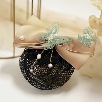 Kẹp Bối, Búi Lưới HimHip Mix Ngọc Trai Thật Nơ Nâu Nhạt Phối Bướm Thanh Lịch 12cm