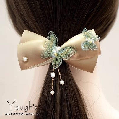 Kẹp Bối, Búi Lưới HimHip Mix Ngọc Trai Thật Nơ Nâu Nhạt Phối Bướm Thanh Lịch 12cm