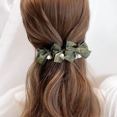 Kẹp Bối, Búi Lưới HimHip Phối Vải Xanh Charm Hoa Chuông Thanh Lịch