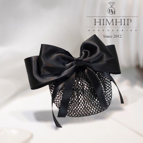 Kẹp Bối, Búi Lưới HimHip Phối Vải Trơn Nơ Đen Tua Rua Thanh Lịch 13cm