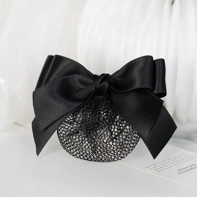 Kẹp Bối, Búi Lưới HimHip Phối Vải Trơn Nơ Đen Bản To Thanh Lịch