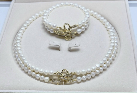 [Thiết kế] Set Trang Sức HimHip Trai Thật 8Li Vòng Cổ 42cm, Vòng Tay 19cm Khóa Mặt Nơ Đính Phale Sang Trọng