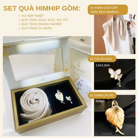 Set Quà HimHip Khăn Lụa Cao Cấp 65x65cm & Cài Áo Kèm Túi Hộp Thiệp - 1366