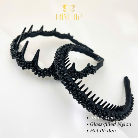 Bờm HimHip Composite Xoắn Vải Phối Đá Đen Lấp Lánh 1.4cm