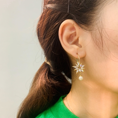 Khuyên Tai Ngắn HimHip Ngôi Sao Đôi Thanh Lịch HKCC Đính Phale, Ngọc Trai 2*3.5cm
