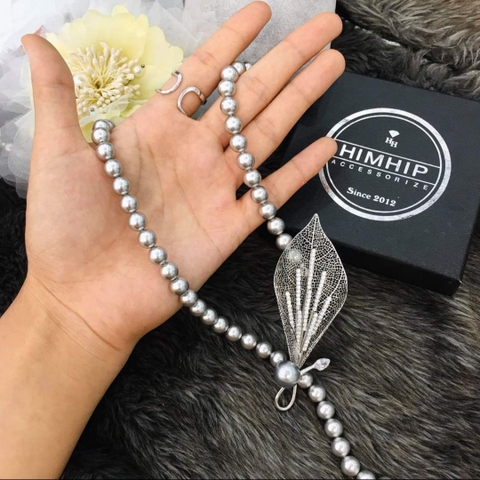 [Thiết Kế] Vòng Cổ HimHip Tinh Thể Ngọc Trai 8Li Mặt Lá Phale Sang Trọng 50+0cm Phụ Kiện Áo Dài