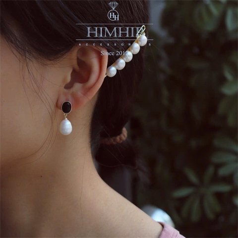 Khuyên Tai Ngắn HimHip Mặt Oval Đá Đen Sang Trọng HKCC Đính Đá, Trai Thật 0.8x1cm-1x1.2cm