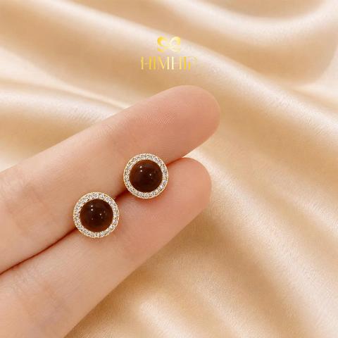 Khuyên Tai Nụ HimHip HKCC Đá Nâu Mắt Mèo Viền Phale 1cm