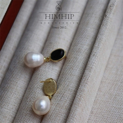 Khuyên Tai Ngắn HimHip Mặt Oval Đá Đen Sang Trọng HKCC Đính Đá, Trai Thật 0.8x1cm-1x1.2cm