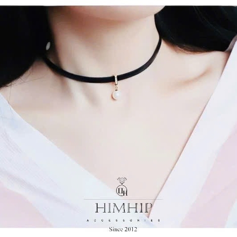 Choker HimHip Da PU Đính Tinh Thể Ngọc Trai 10Li Thanh Lịch 32+6cm