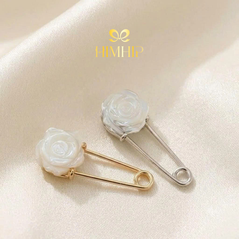 Trâm, Ghim Cài Áo Kim Băng HimHip HKCC Hoa Hồng Khảm Trai 1.2cm