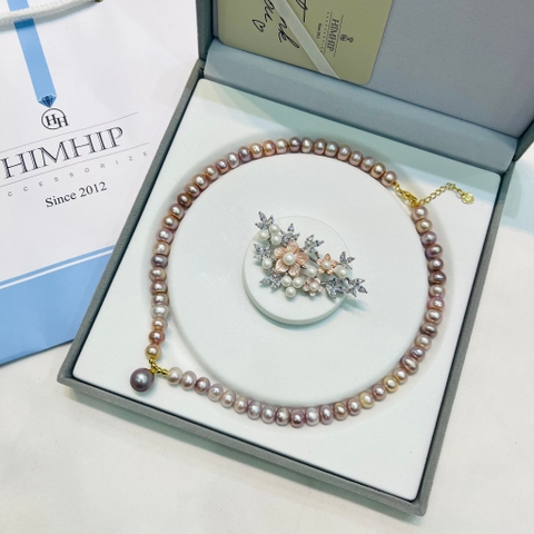 Set Trang Sức HimHip Trai Thật 8Li Vòng Cổ 43.5cm, Cài Áo Cành Đào Mix Trai 6x3.2cm Thanh Lịch