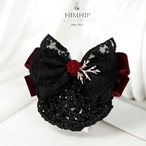 Kẹp Bối, Búi Lưới HimHip Phối Vải Nhung Nơ Đen Charm Hoa Hồng Tiểu Thư Sang Trọng 13x8cm