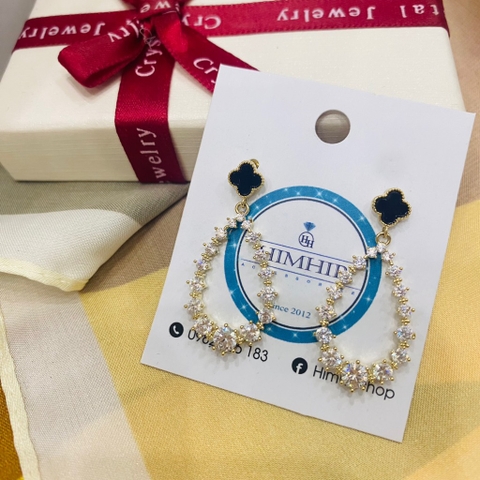 Khuyên Tai Ngắn HimHip Giọt Nước Phối Hoa 4 Cánh Sang Trọng HKCC Đính Phale 1.5x3.5cm