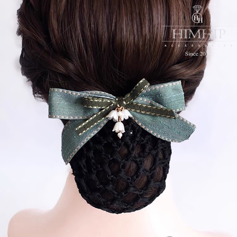 Kẹp Bối, Búi Lưới HimHip Mix Hạt Giả Trai Nơ Xanh Đính Hoa Chuông Thanh Lịch 13cm