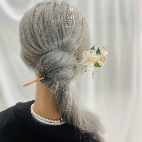 Trâm Cài Tóc HimHip HKCC Hoa Trà Phale Nụ Trai Thật Cao Cấp 19.4x6.5cm Kèm Hộp Phụ Kiện Áo Dài