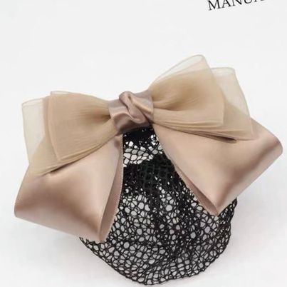 Kẹp Bối, Búi Lưới HimHip Phối Vải Voan Nơ Nâu Thanh Lịch 14cm