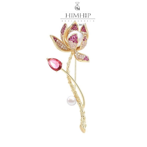 Trâm, Ghim Cài Áo HimHip Cành Sen Hồng Sang Trọng HKCC Đính Phale 2.5x7cm HPBD